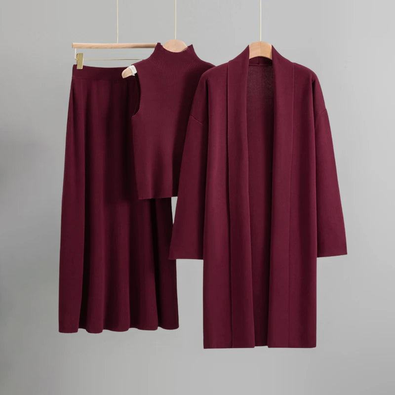 Riviera Valentina Set – Women’s Knit Top, A-Line Skirt & Long Cardigan