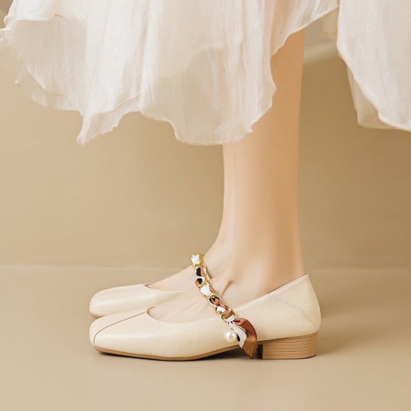 Sophia Elegant Ballet Flats – Smooth Upper with Pearl Chain Strap & Square Toe 0
