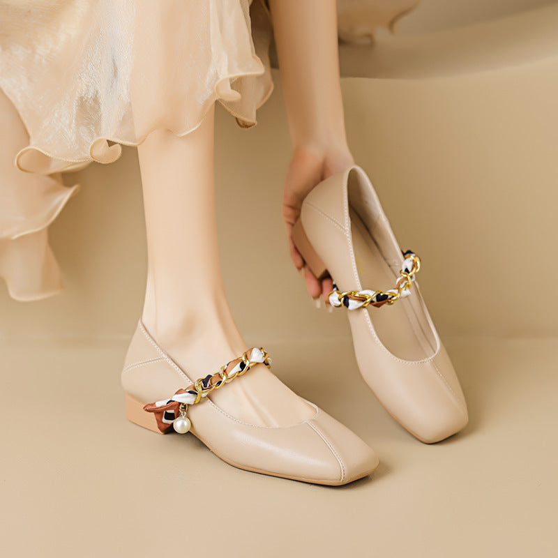Sophia Elegant Ballet Flats – Smooth Upper with Pearl Chain Strap & Square Toe 1