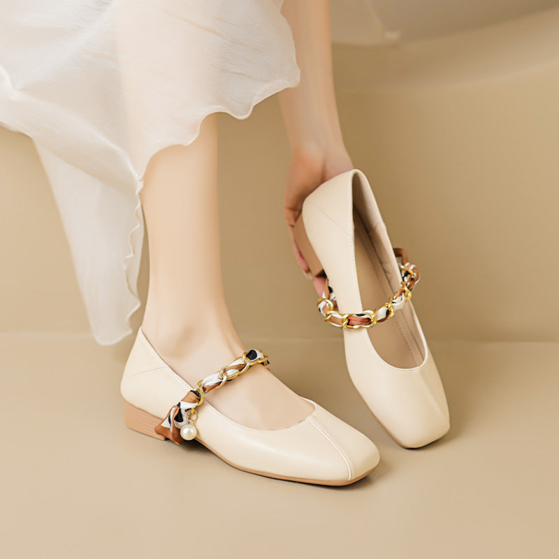 Sophia Elegant Ballet Flats – Smooth Upper with Pearl Chain Strap & Square Toe 3