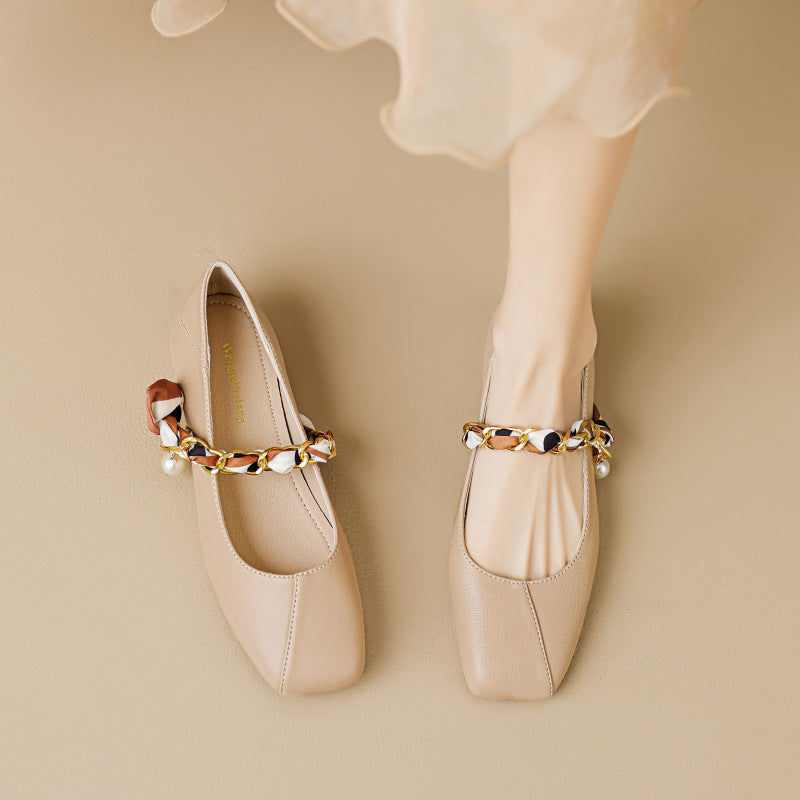 Sophia Elegant Ballet Flats – Smooth Upper with Pearl Chain Strap & Square Toe 4