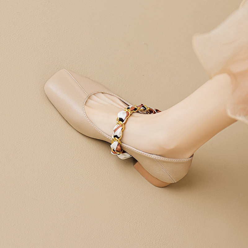 Sophia Elegant Ballet Flats – Smooth Upper with Pearl Chain Strap & Square Toe 6