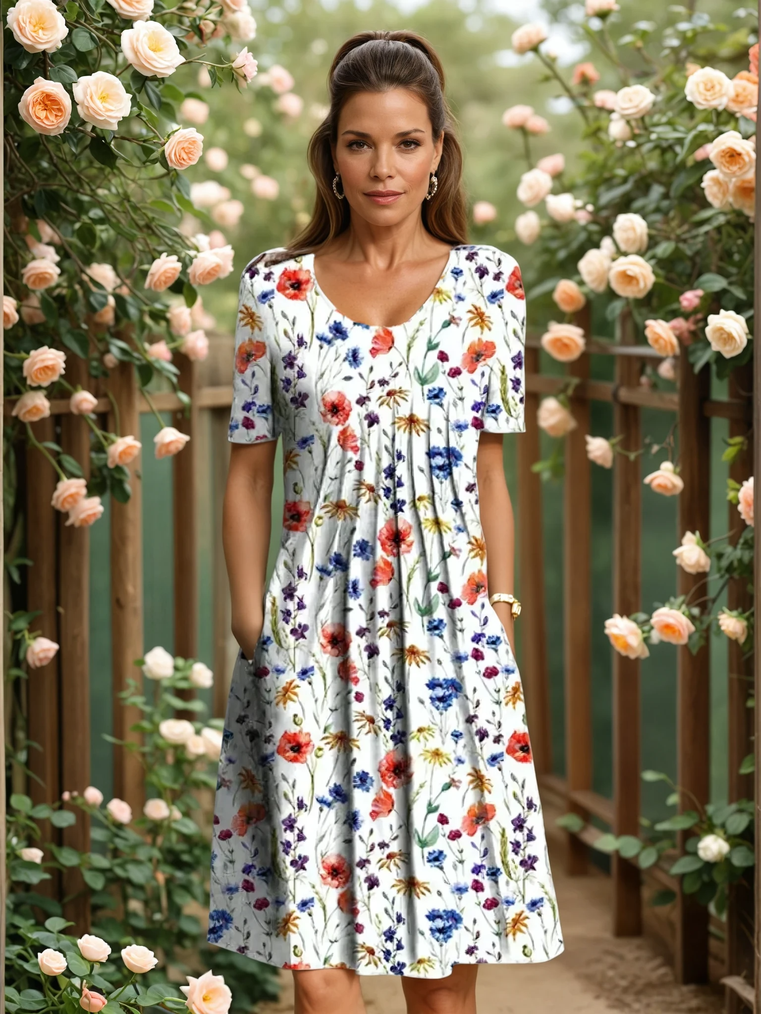 Sophia Plus Size A-Line Midi Dress – Soft Cotton Blend with Elegant Pleats 0