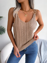 Sunny Shores Open-Knit Tank Top – Soft Cotton Blend with Bold Buckle Straps 0