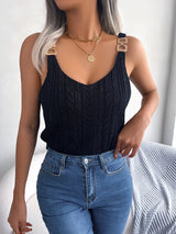 Sunny Shores Open-Knit Tank Top – Soft Cotton Blend with Bold Buckle Straps 7