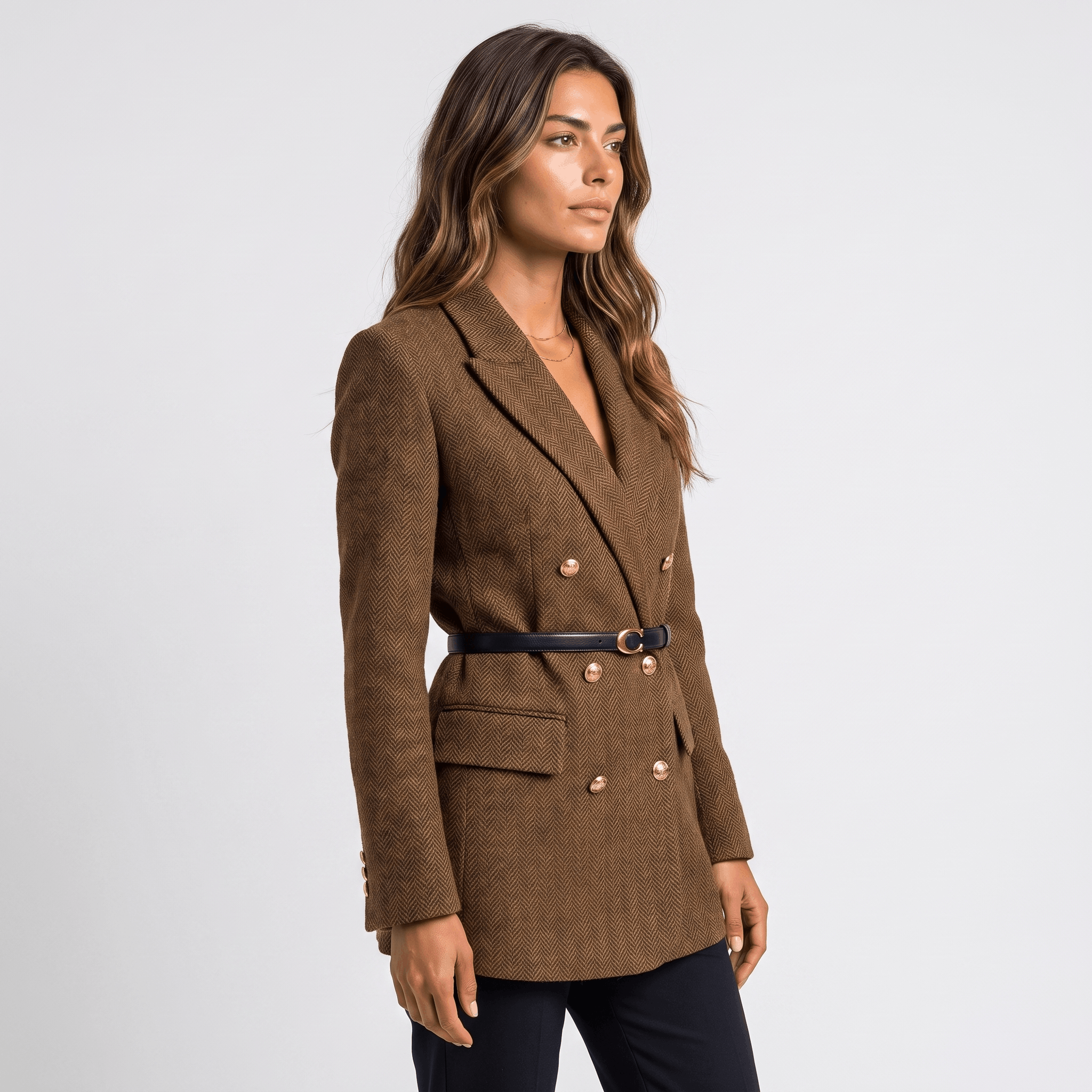 Side view of a woman wearing a brown double-breasted tweed blazer with a belted waist, notched lapels, and tailored fit