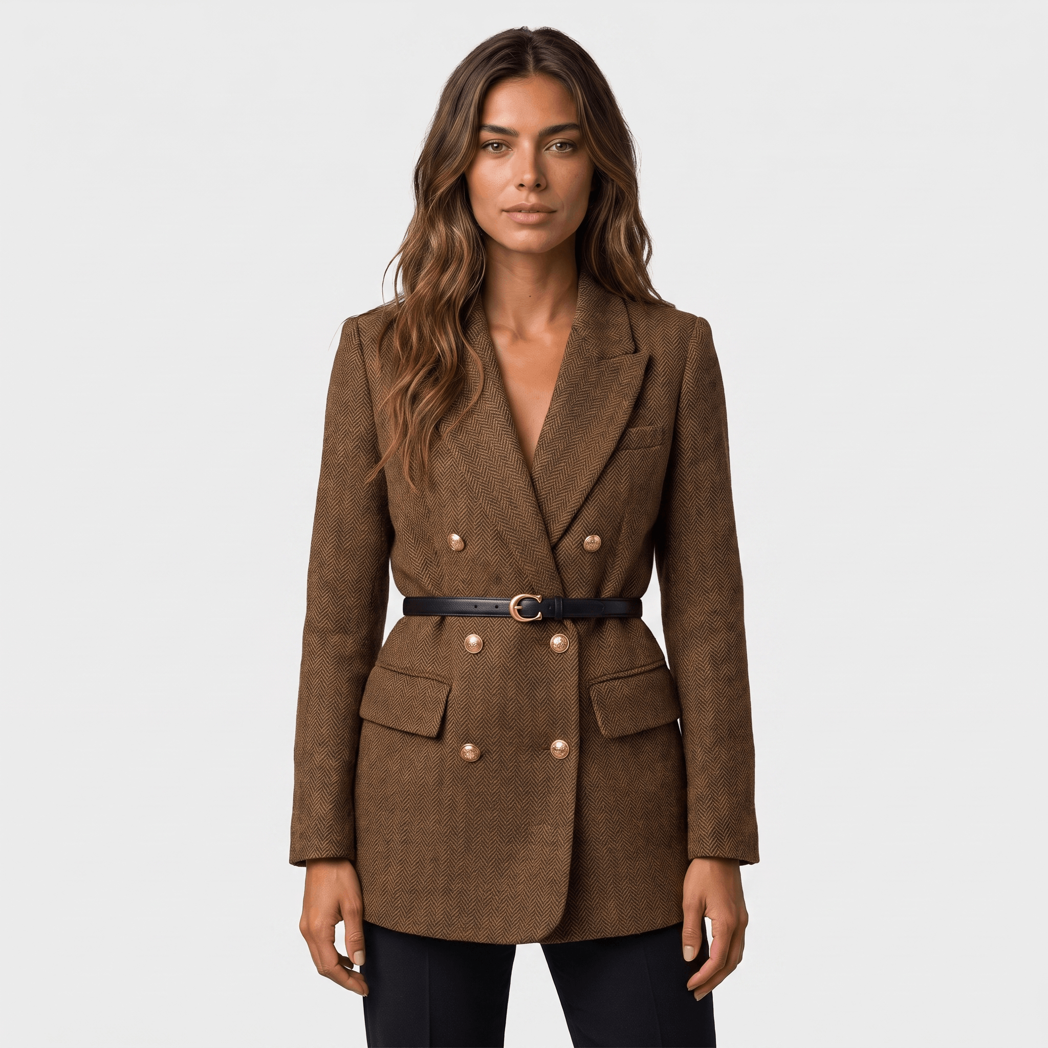 Front view of a woman wearing a brown double-breasted tweed blazer with gold-tone buttons, notched lapels, flap pockets, and belted waist.