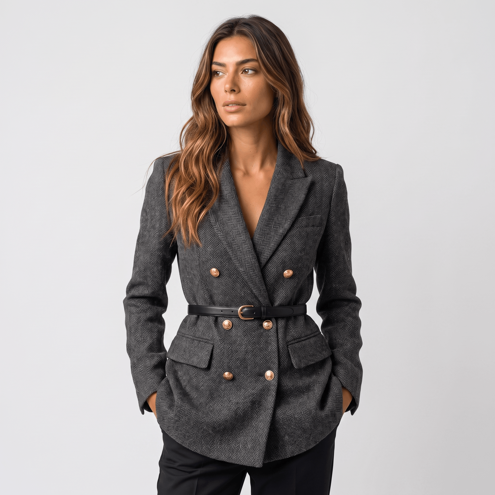 Woman wearing a charcoal gray double-breasted tweed blazer with gold-tone buttons, notched lapels, flap pockets, and belted waist.
