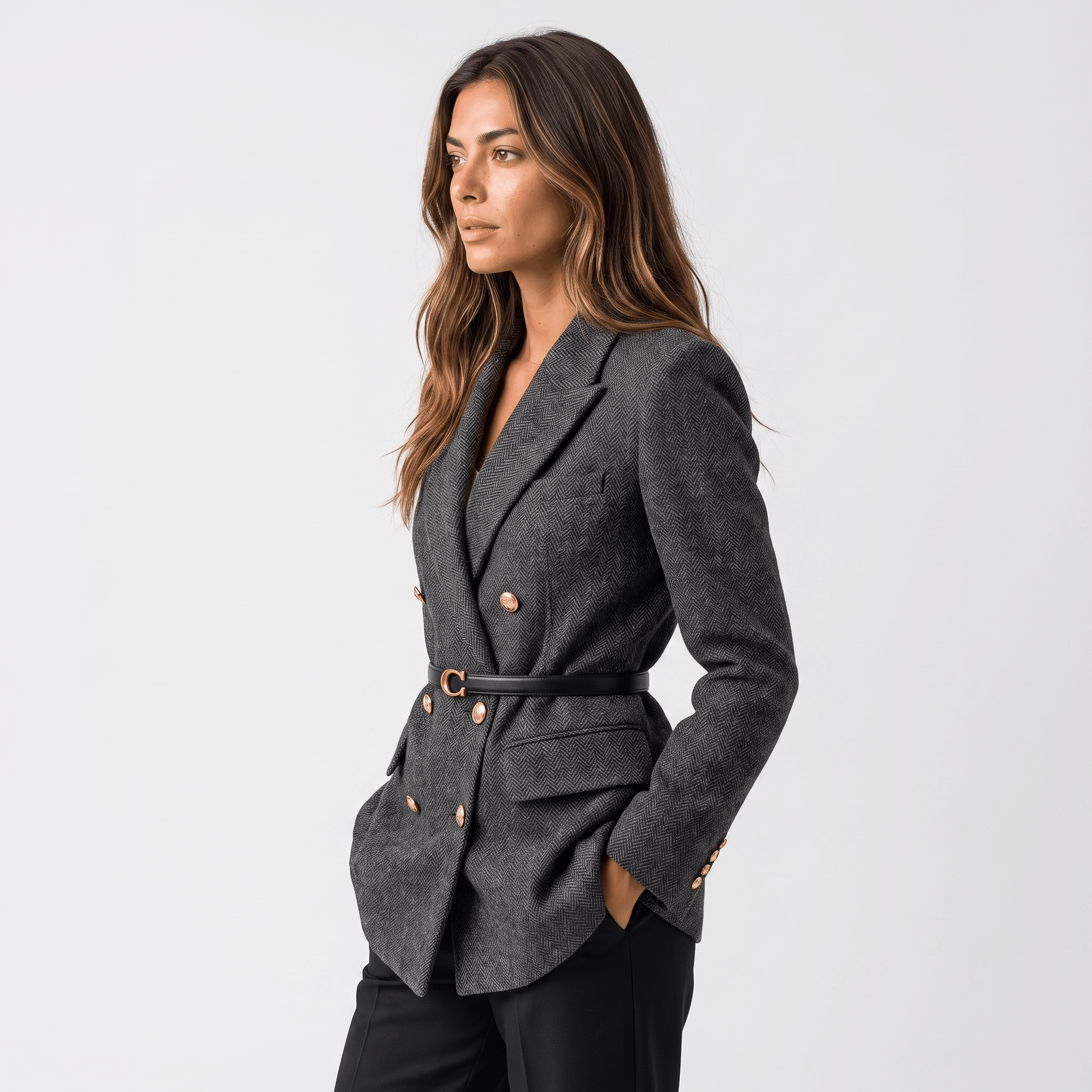 Side view of a woman wearing a charcoal gray double-breasted tweed blazer with a belted waist and tailored silhouette.
