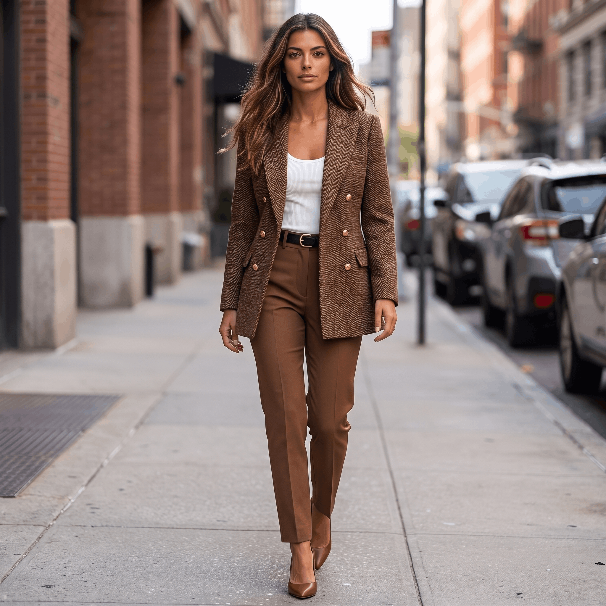 Woman wearing a brown belted tweed blazer with matching trousers and ankle boots while walking along a city street.