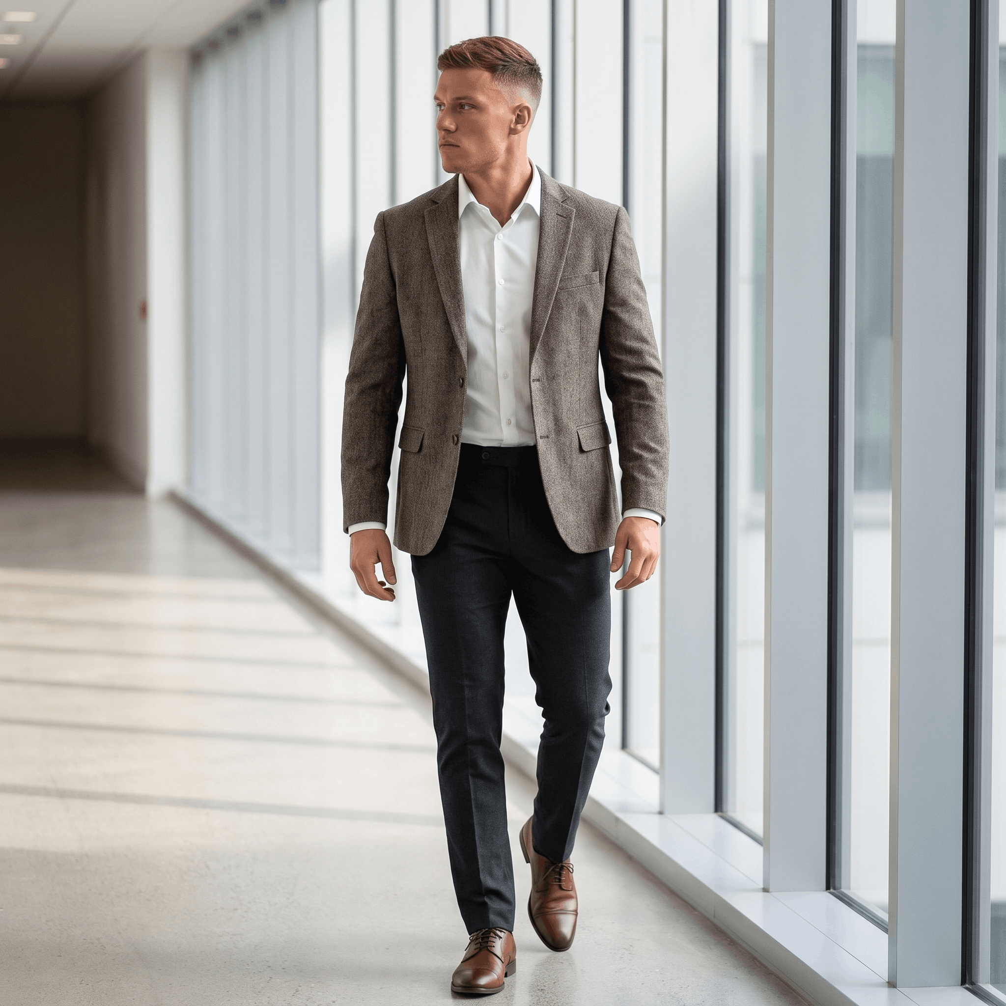 Man wearing a gray tweed blazer, white dress shirt, and navy trousers while walking through a bright modern hallway.