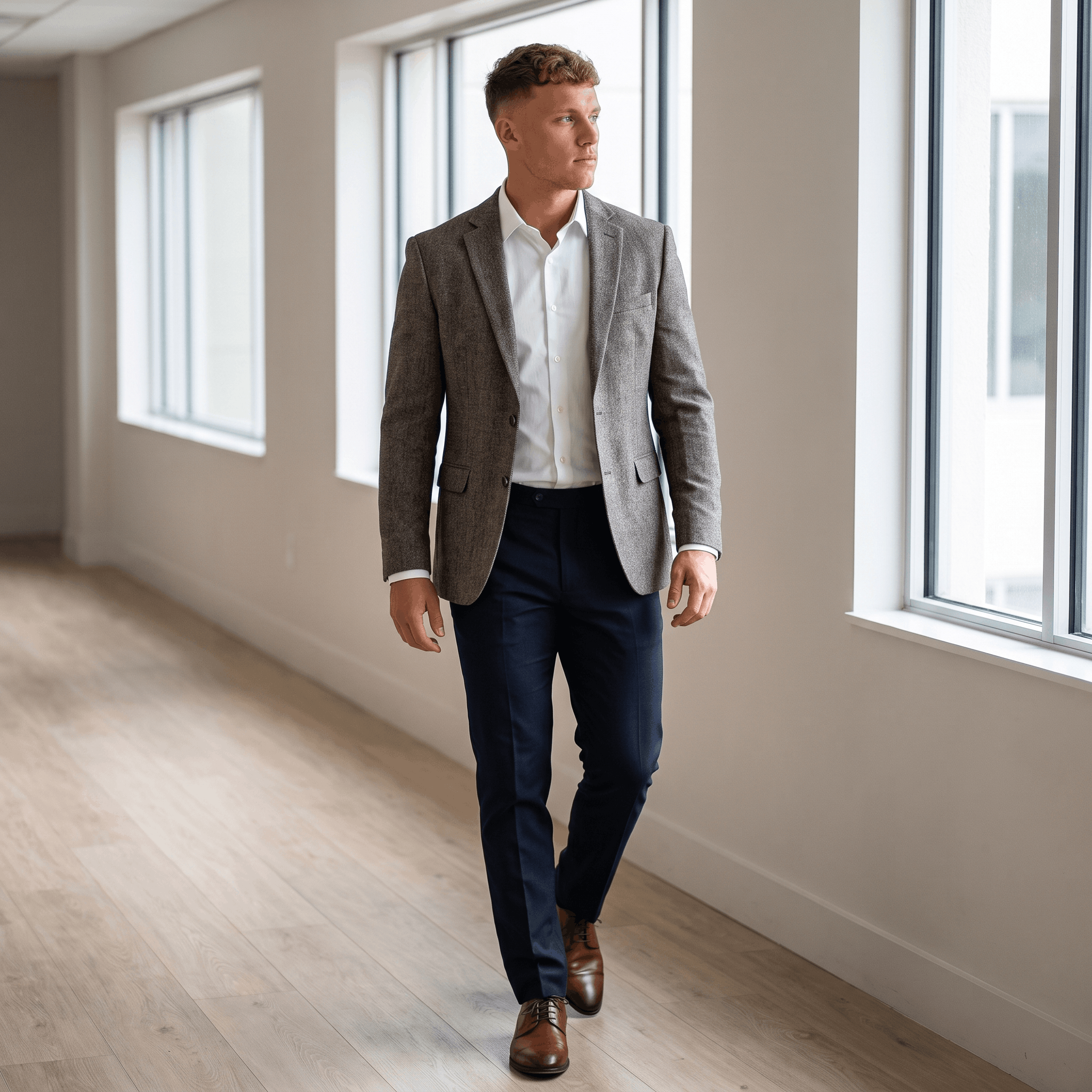 Man wearing a gray tweed blazer over a white dress shirt and navy trousers while walking through a modern interior.