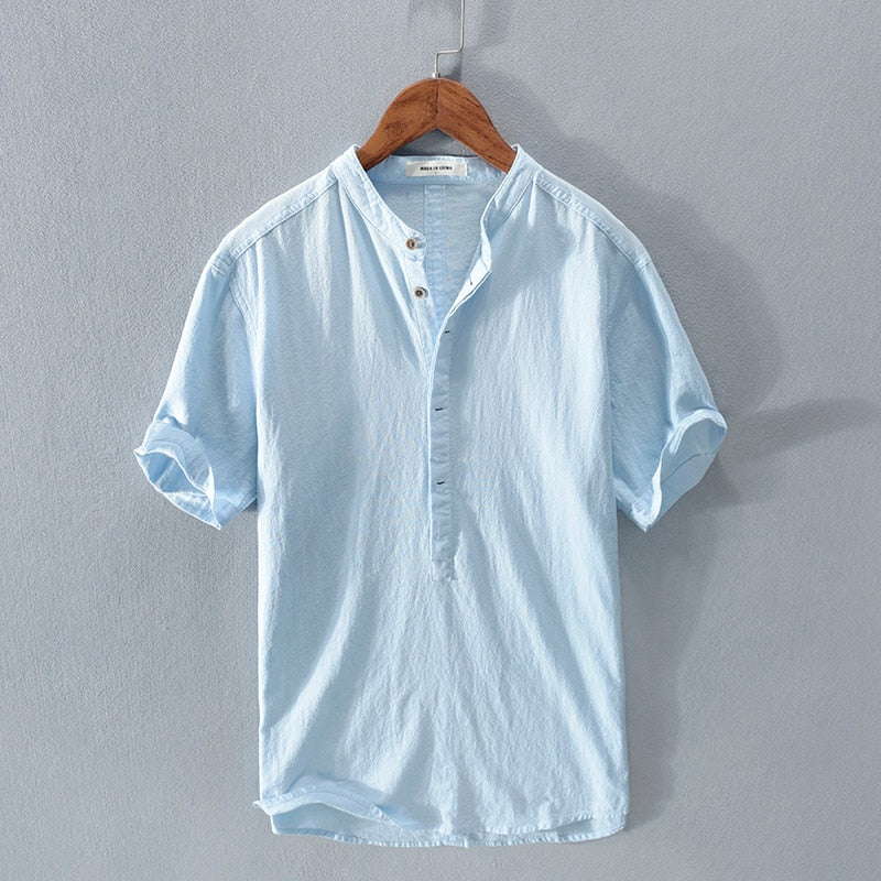 Leandro Linen Button Up Shirt – Men's Linen Short Sleeve with Stand Collar