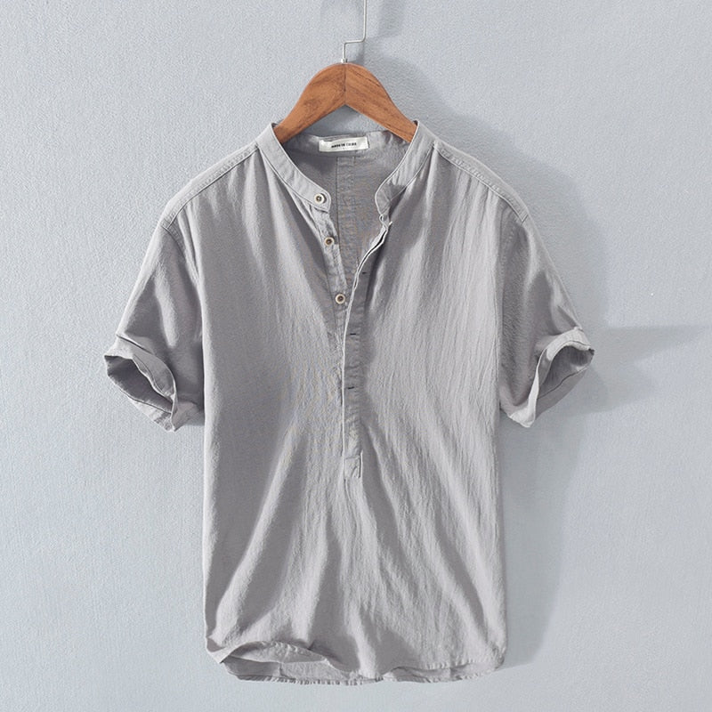 Leandro Linen Button Up Shirt – Men's Linen Short Sleeve with Stand Collar