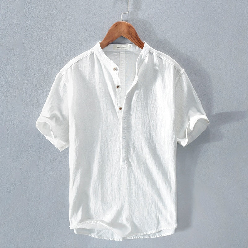 Leandro Linen Button Up Shirt – Men's Linen Short Sleeve with Stand Collar