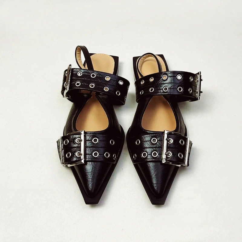 Vivienne Strapped Pointed Sandals – PU Leather Chunky Sandals for Women