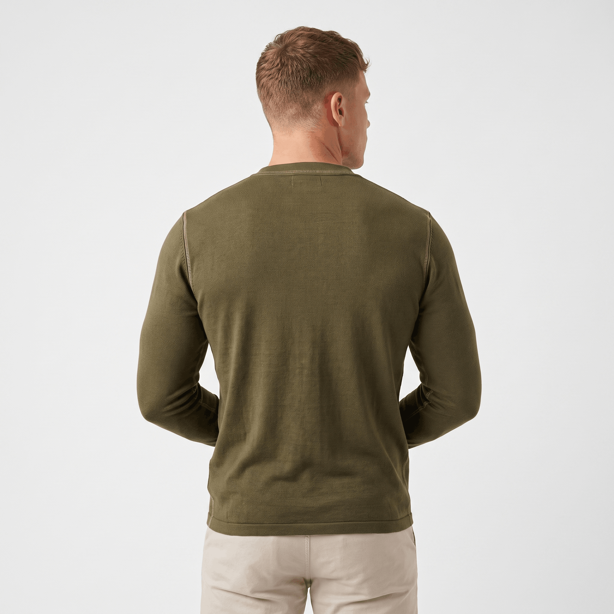 Back view of a men's olive green long-sleeve Henley shirt with a classic fit and clean minimalist design.