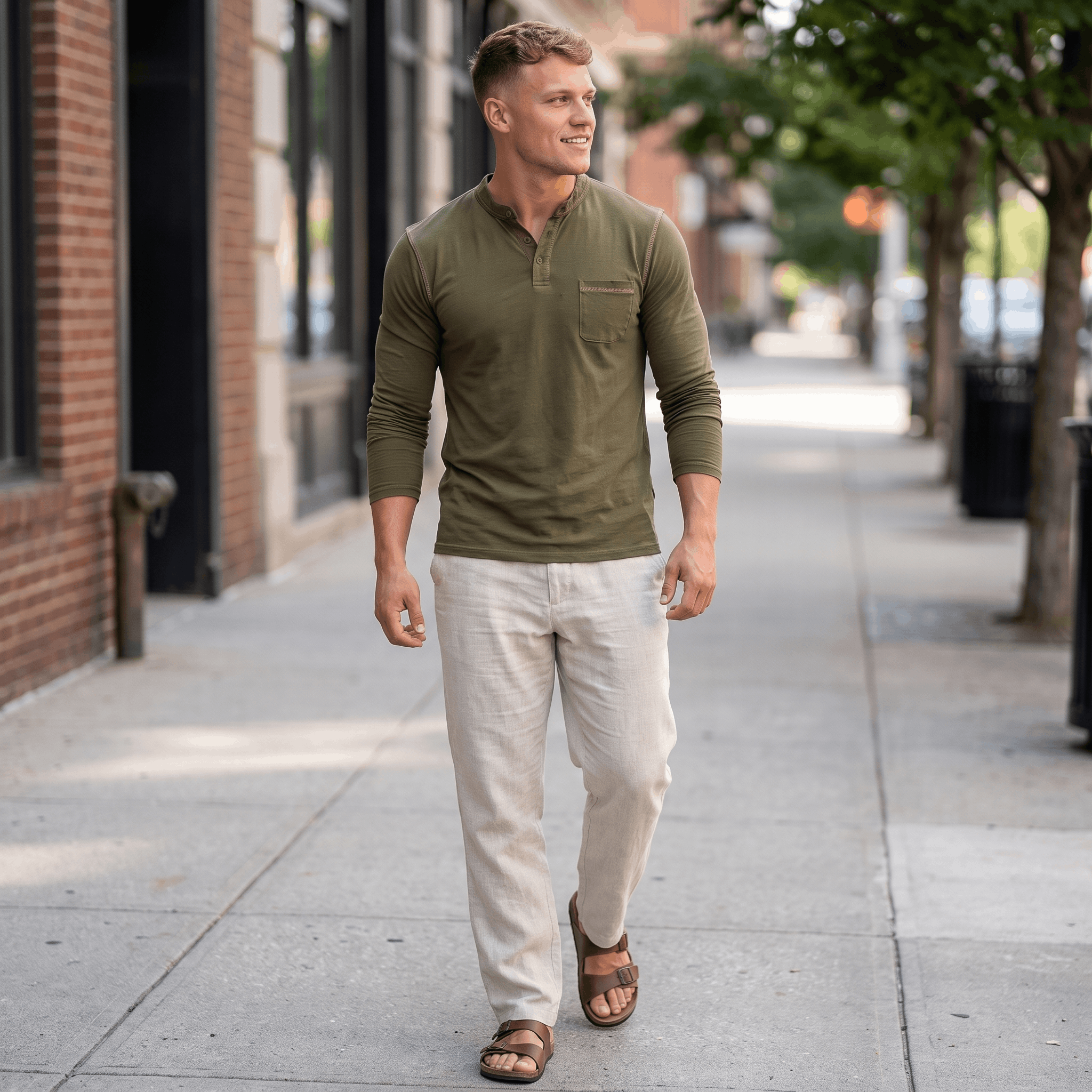 Man wearing an olive green long-sleeve Henley shirt paired with light-colored trousers while walking in an urban street setting.