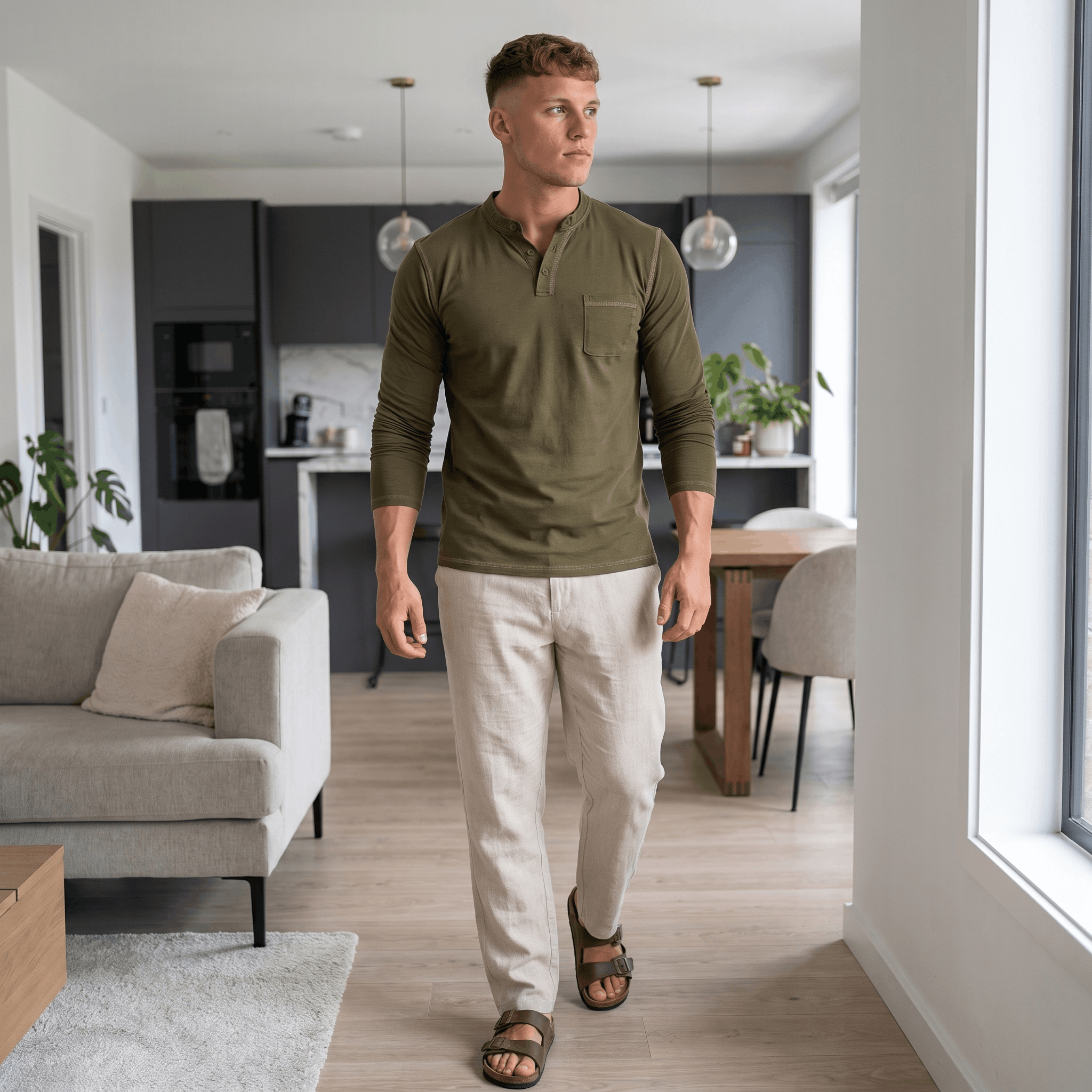 Man wearing an olive green long-sleeve Henley shirt with beige trousers in a modern indoor living space.