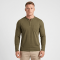 Man wearing an olive green long-sleeve Henley shirt with a three-button placket, chest pocket, and modern slim fit.