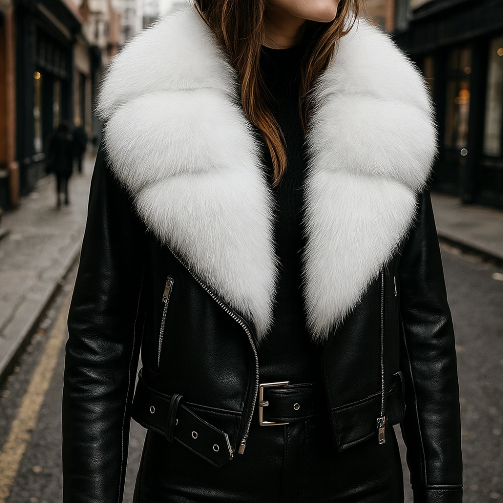 Rosa Women’s Vegan Leather Jacket – Faux Fox Fur Collar & Cropped Fit