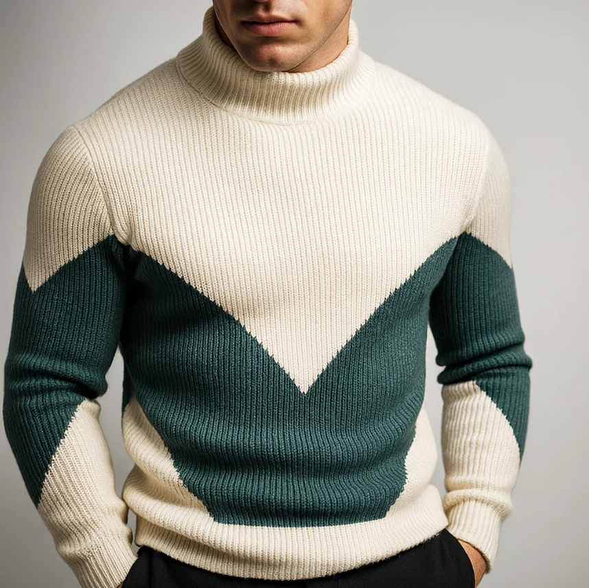 Marriott Men's Chevron Turtleneck Sweater – Thick Ribbed Knit for Fall Layering