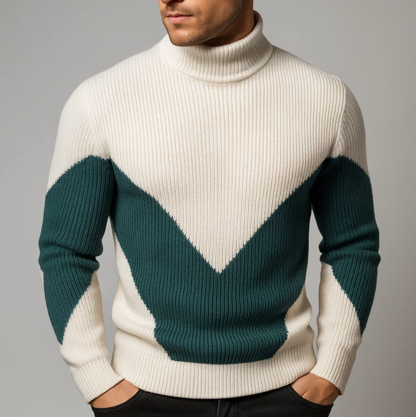 Marriott Men's Chevron Turtleneck Sweater – Thick Ribbed Knit for Fall Layering