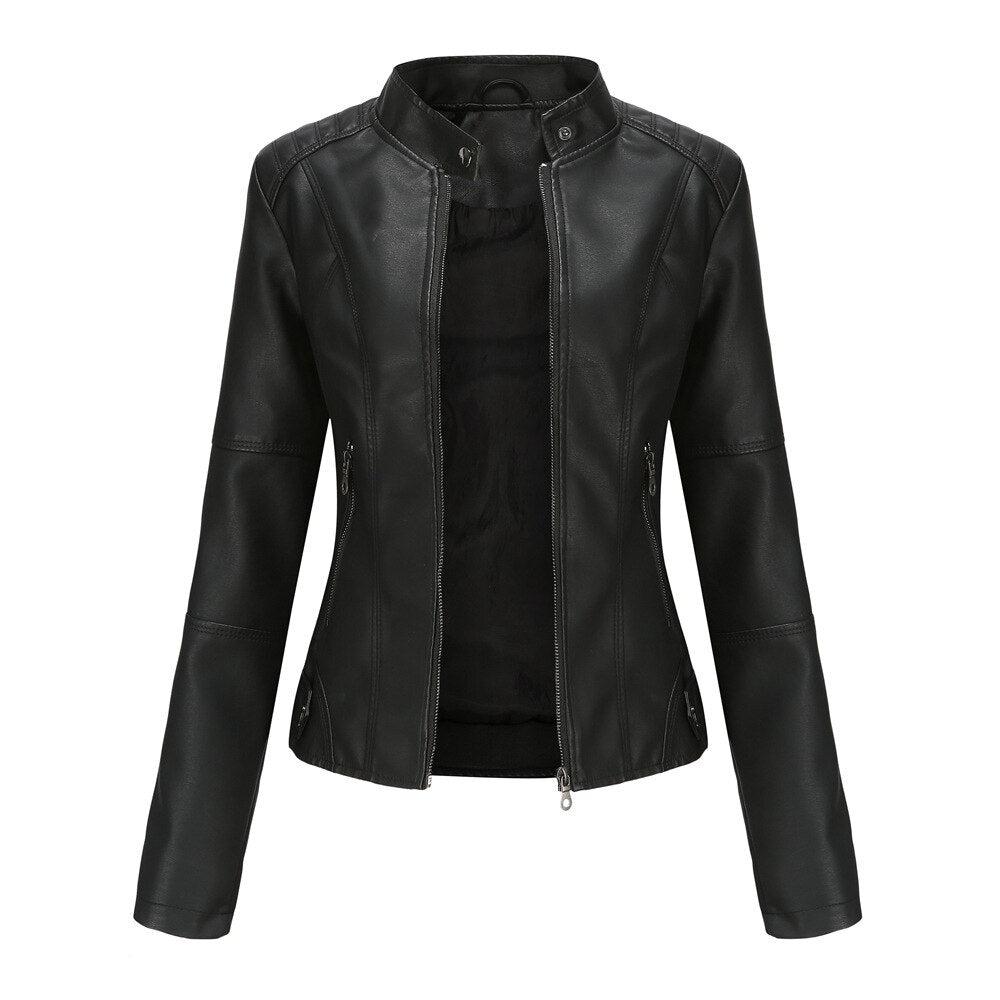 Yssa Women’s Leather Jacket – PU Leather with Mandarin Collar