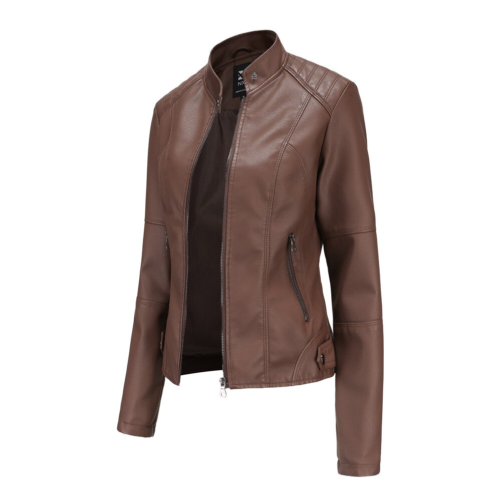 Yssa Women’s Leather Jacket – PU Leather with Mandarin Collar