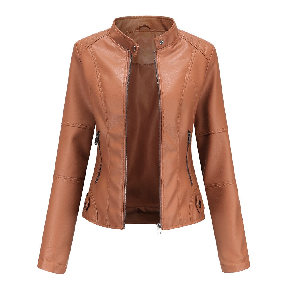 Yssa Women’s Leather Jacket – PU Leather with Mandarin Collar