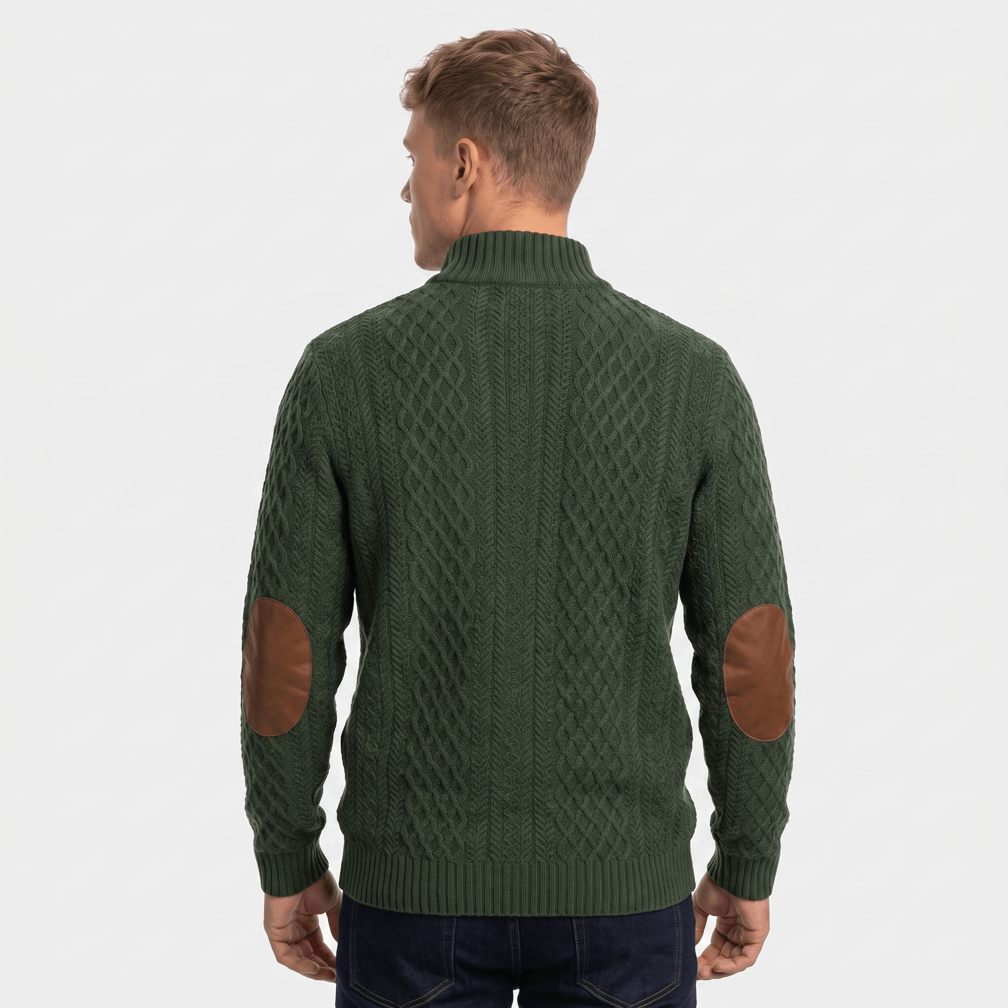 Back view of a men's green cable knit Henley sweater featuring faux suede elbow patches and a classic silhouette.
