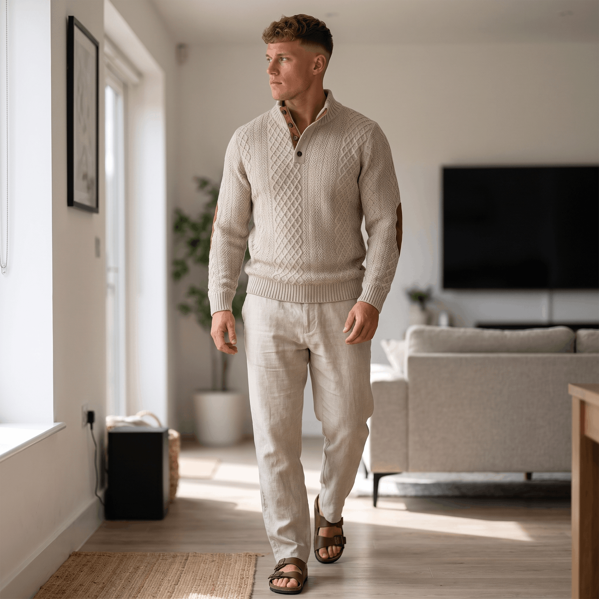 Man wearing a cream cable knit Henley sweater with beige trousers in a modern indoor living space.