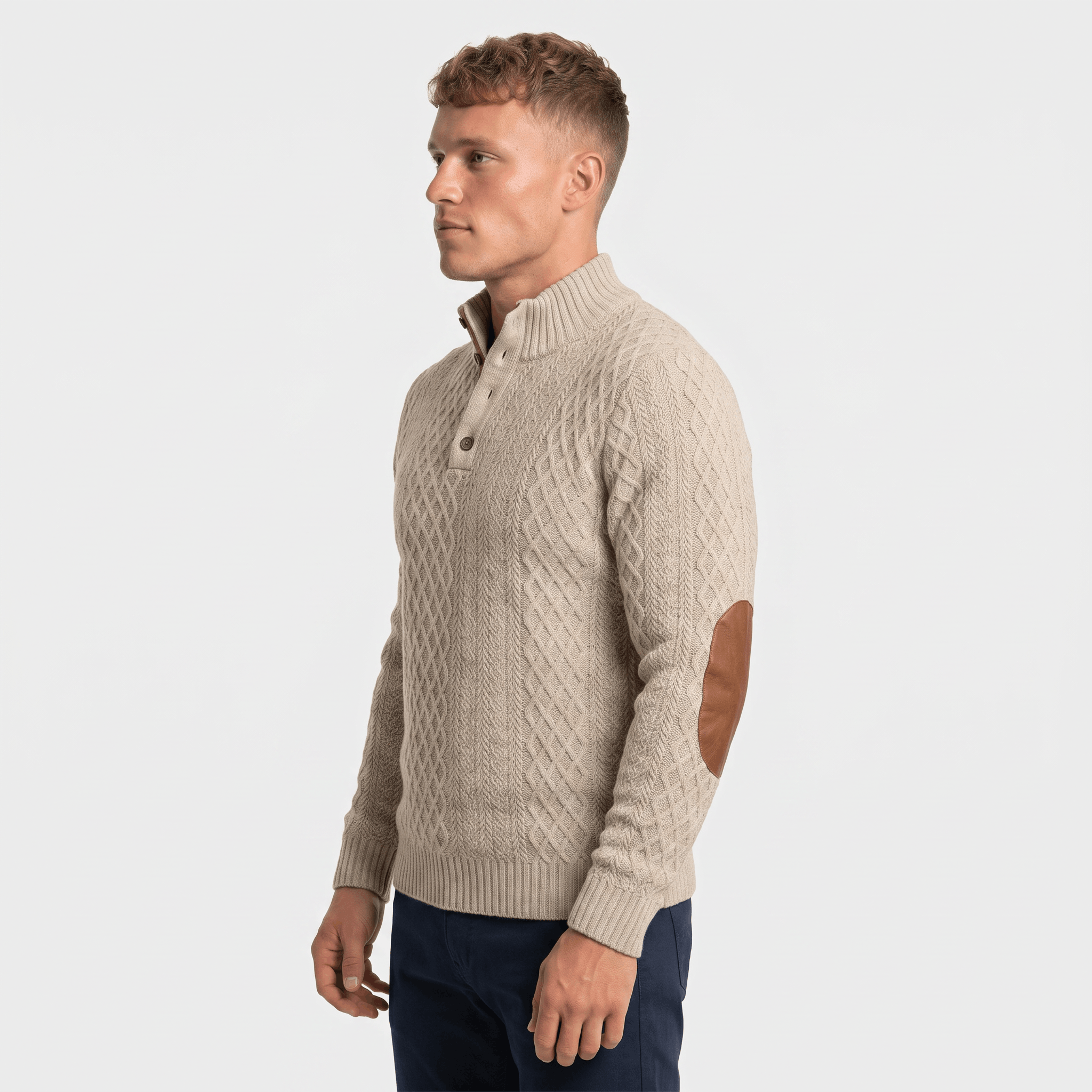 Back view of a men's cream cable knit Henley sweater with faux suede elbow patches, ribbed hem, and long sleeves.