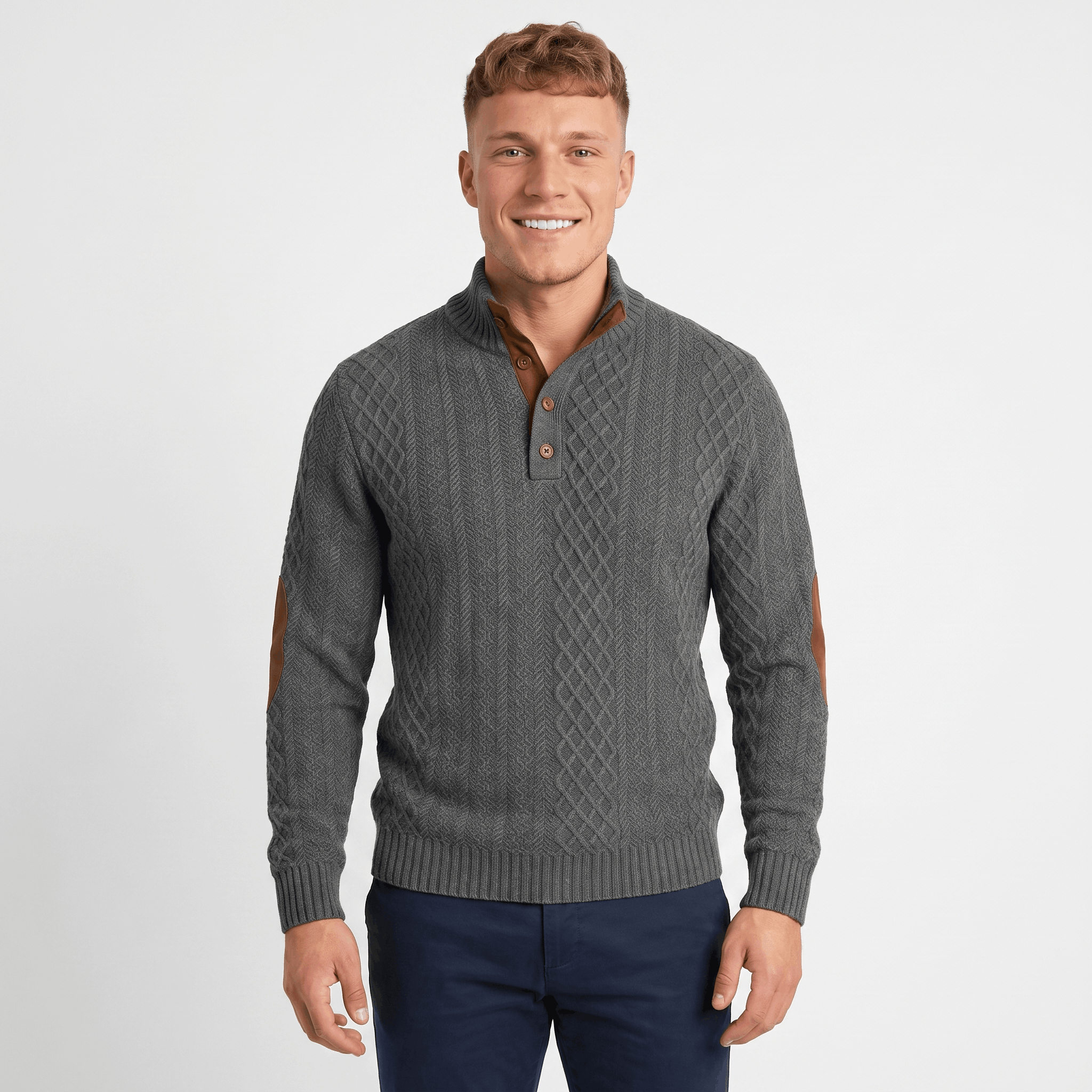 Side view of a man wearing a gray cable knit Henley sweater featuring a stand collar and elbow patch details.
