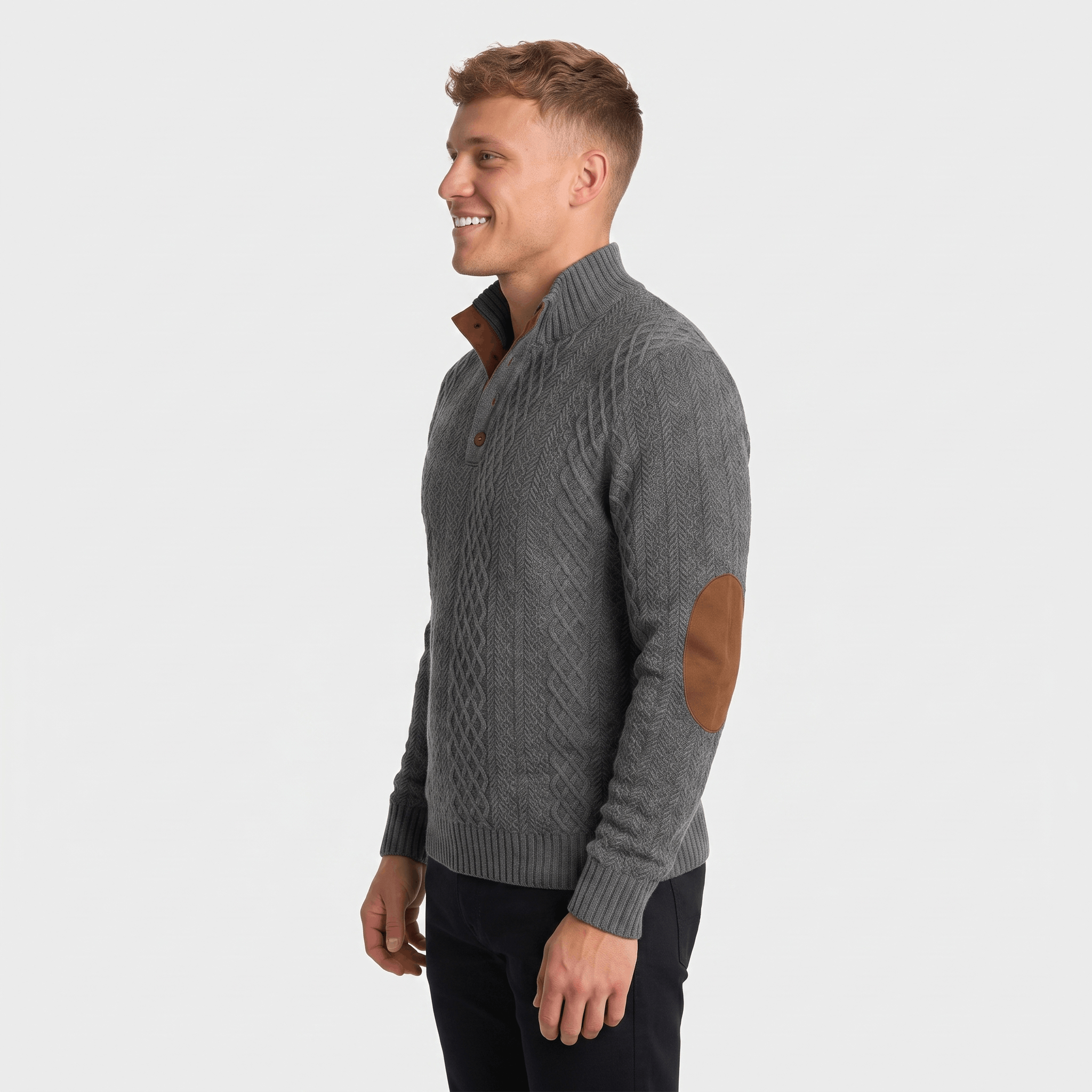 Side view of a man wearing a gray cable knit Henley sweater featuring a stand collar and elbow patch details.