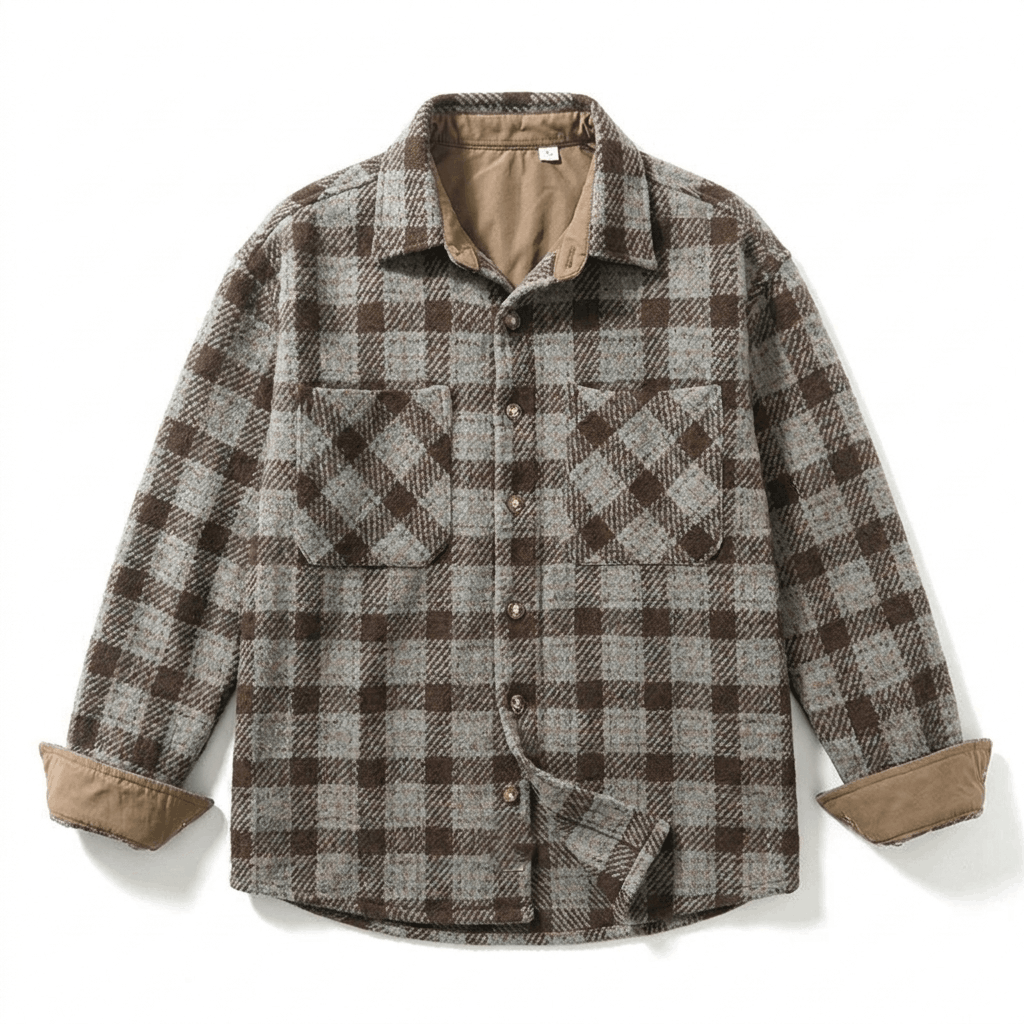 Brown and gray plaid overshirt jacket displayed flat, featuring a pointed collar, button-front closure, chest pockets, long sleeves, and contrasting cuff lining.