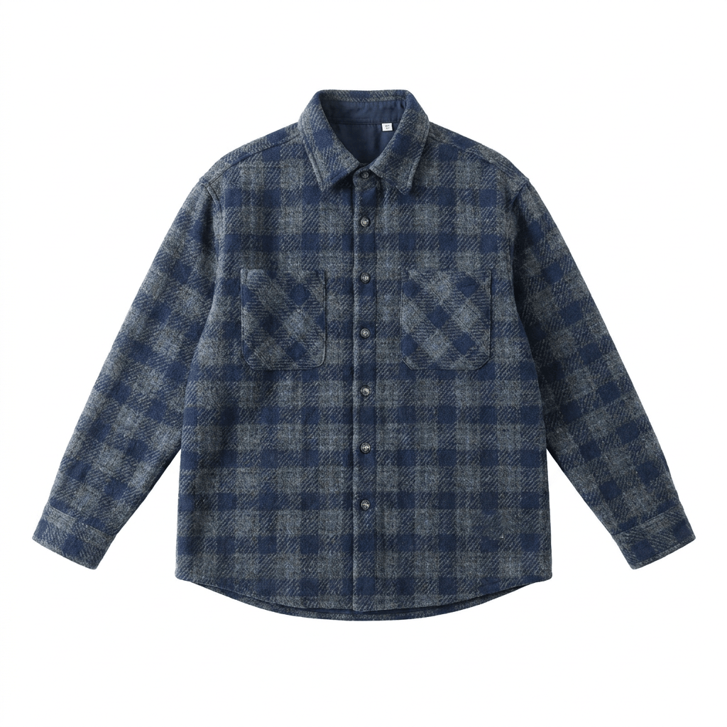 Navy blue plaid overshirt jacket displayed flat, featuring a pointed collar, button-front closure, chest pockets, and long sleeves.