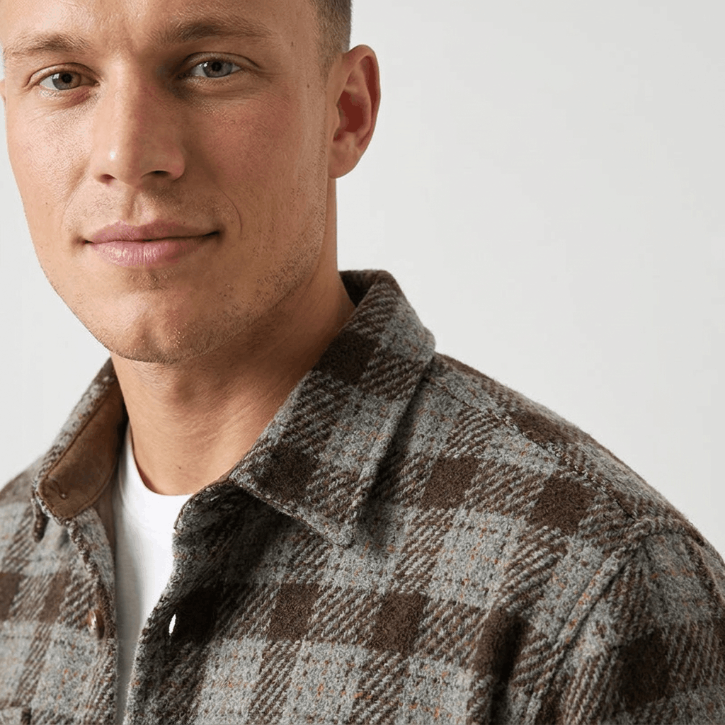 Close-up of a brown and gray plaid overshirt jacket showing the textured plaid fabric, collar, and button-front detail.