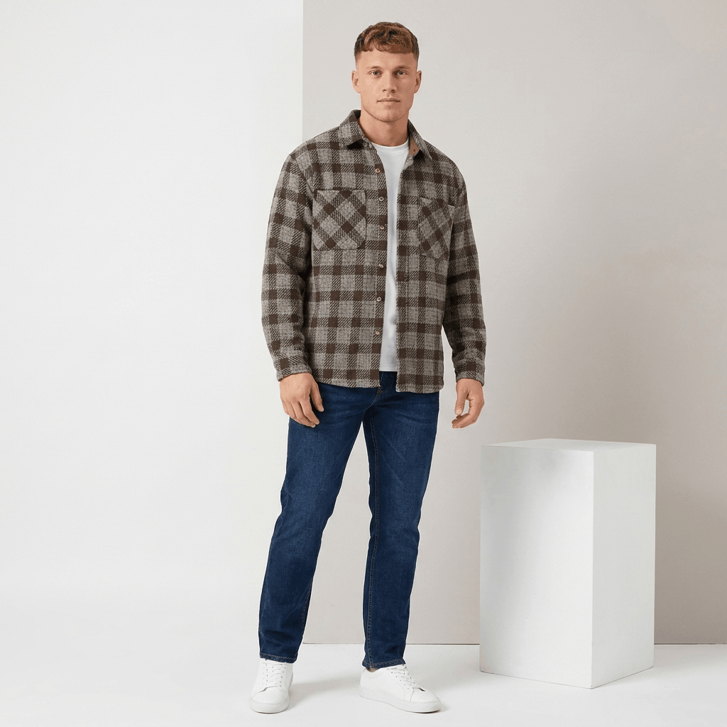 Man wearing a brown and gray plaid overshirt jacket with a white shirt and dark pants, shown in a full-body studio setting.