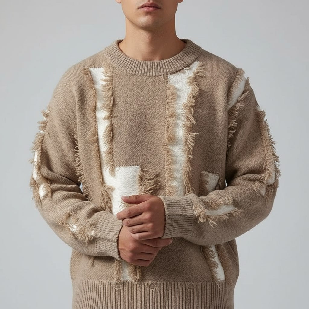 Aiden Distressed Men’s Sweater – Textured Knit Pullover with Edgy Frayed Detailing