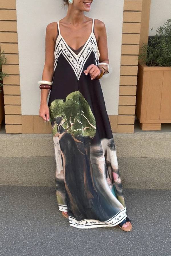Leona Ink Maxi Dress – Artistic Print Dress with Light Draping for Summer