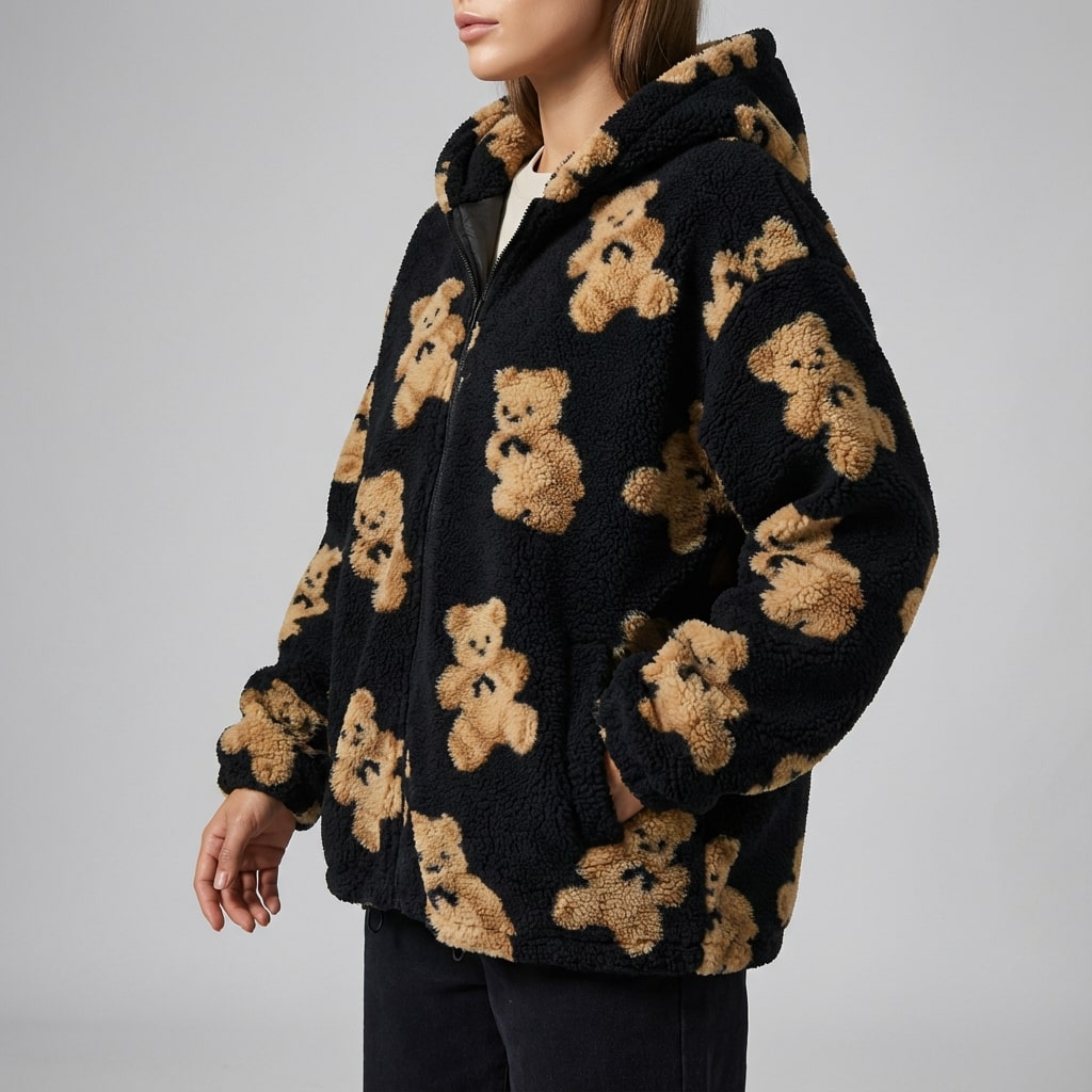 Maine Women’s Sherpa Jacket – Oversized Fleece Hooded Teddy Jacket with Full Zip