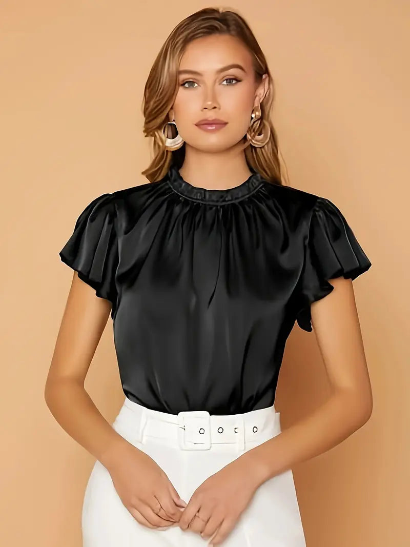 Camille Gathered Neck Blouse – Elegant Puff Sleeve Top in Soft Satin Drape