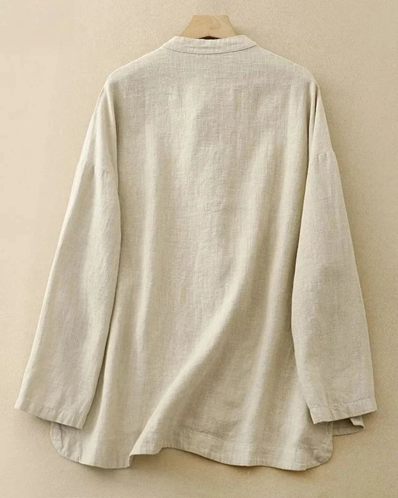 Meilin Linen Button Up Shirt – Women’s Stand Collar Top with Frog Closures & Patch Pockets
