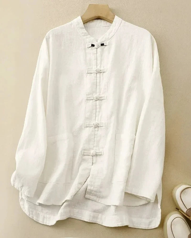 Meilin Linen Button Up Shirt – Women’s Stand Collar Top with Frog Closures & Patch Pockets