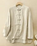 Meilin Linen Button Up Shirt – Women’s Stand Collar Top with Frog Closures & Patch Pockets