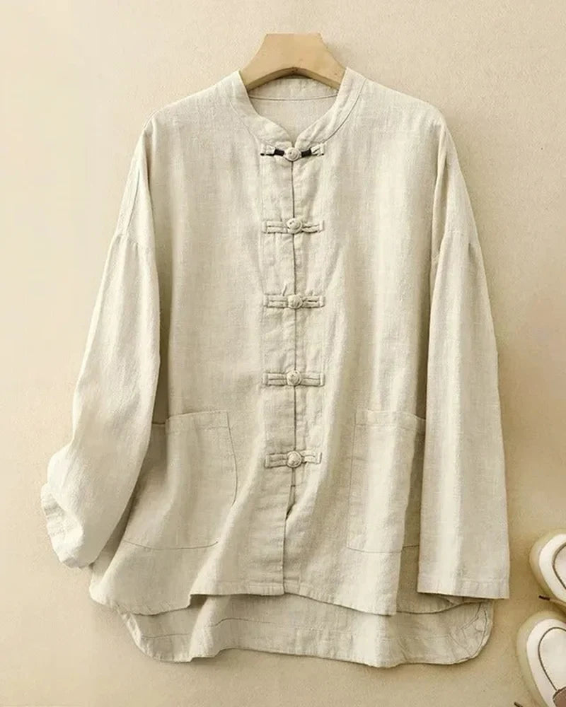 Meilin Linen Button Up Shirt – Women’s Stand Collar Top with Frog Closures & Patch Pockets