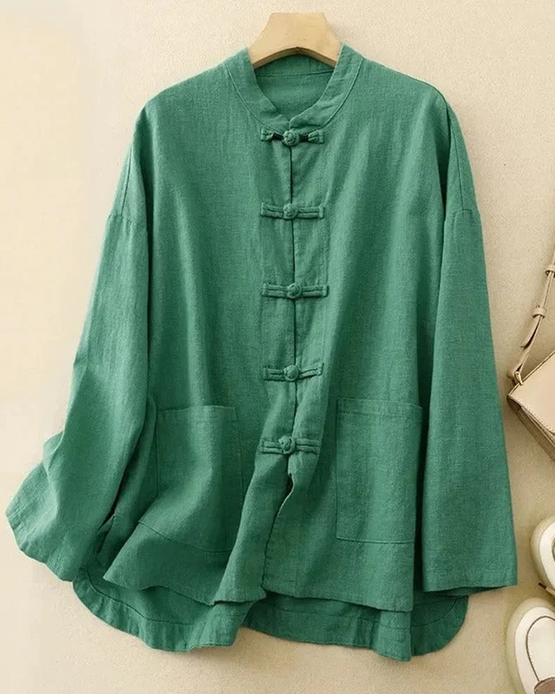 Meilin Linen Button Up Shirt – Women’s Stand Collar Top with Frog Closures & Patch Pockets