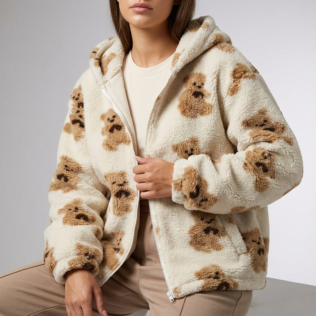Maine Women’s Sherpa Jacket – Oversized Fleece Hooded Teddy Jacket with Full Zip