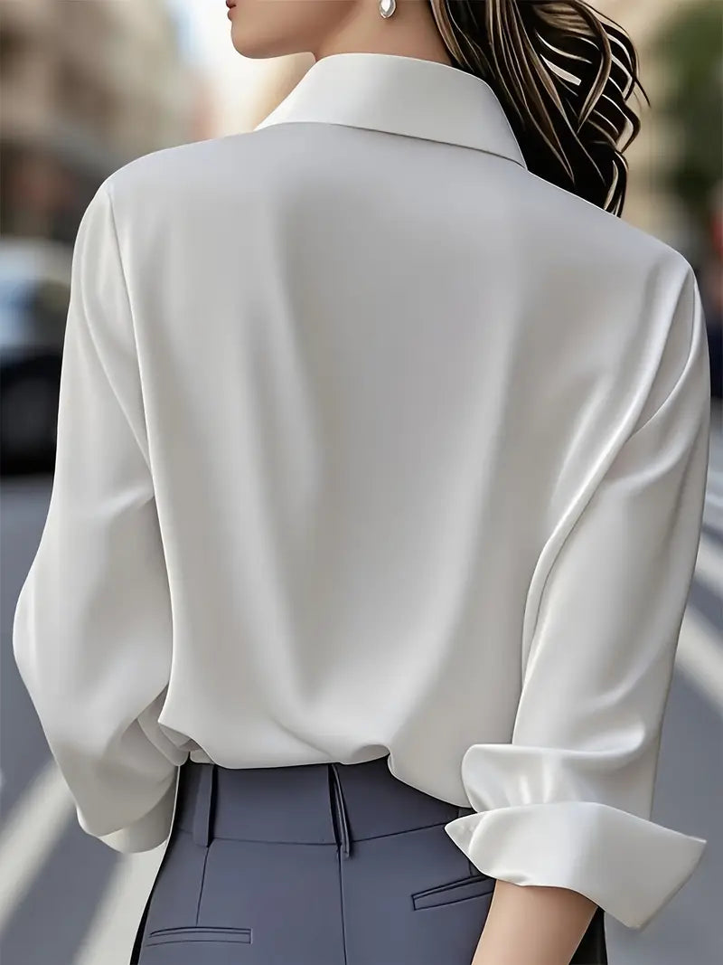 Anjelly Women's Satin Blouse – Solid Color Long Sleeve Lapel Shirt